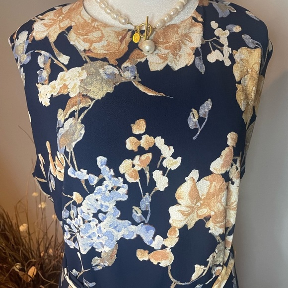 Lauren Ralph Lauren Women’s 14 Navy Floral Midi Dress Belted Sleeveless - Picture 4 of 8